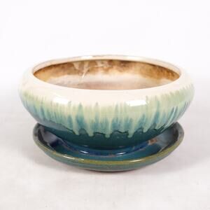 Blue Ceramic Flower Pot Pottery Planter Vase Urn Decor Decoration 5" Tall x 10"